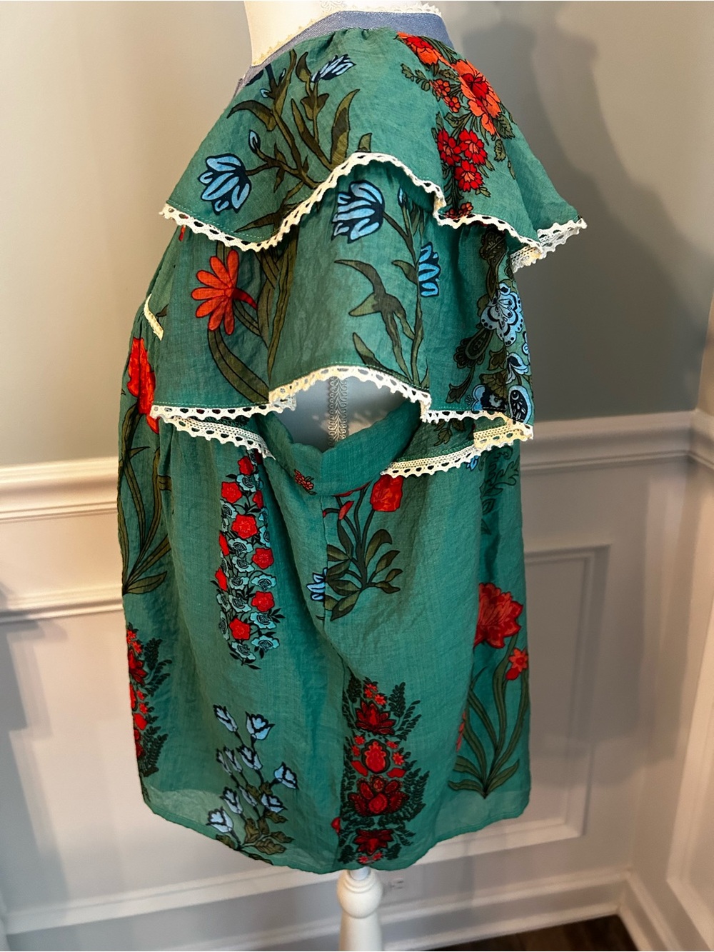 THML Clothing Green Floral Peasant Tunic Blouse with Ruffle Sleeves, Tassels L - Picture 8 of 16